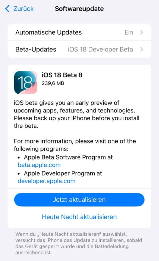 多祥镇苹果手机维修分享苹果 iOS / iPadOS 18 开发者预览版 Beta 8 发布 